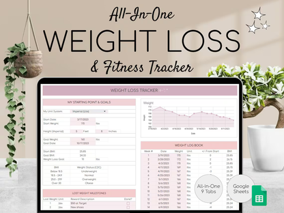 Weight Loss & Fitness Tracker | Google Sheets | Calorie Tracker | Meal Planner | Habit Tracker | Digital Workout Planner