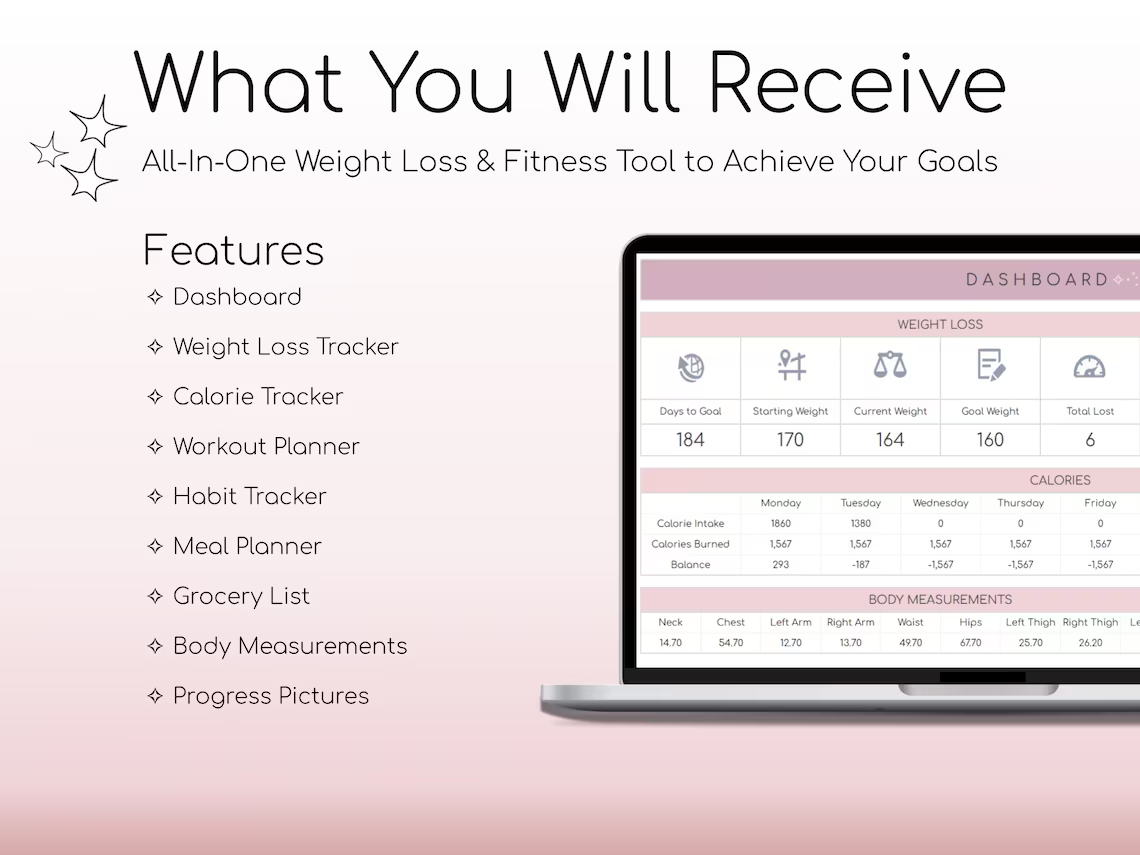 Weight Loss & Fitness Tracker | Google Sheets | Calorie Tracker | Meal Planner | Habit Tracker | Digital Workout Planner